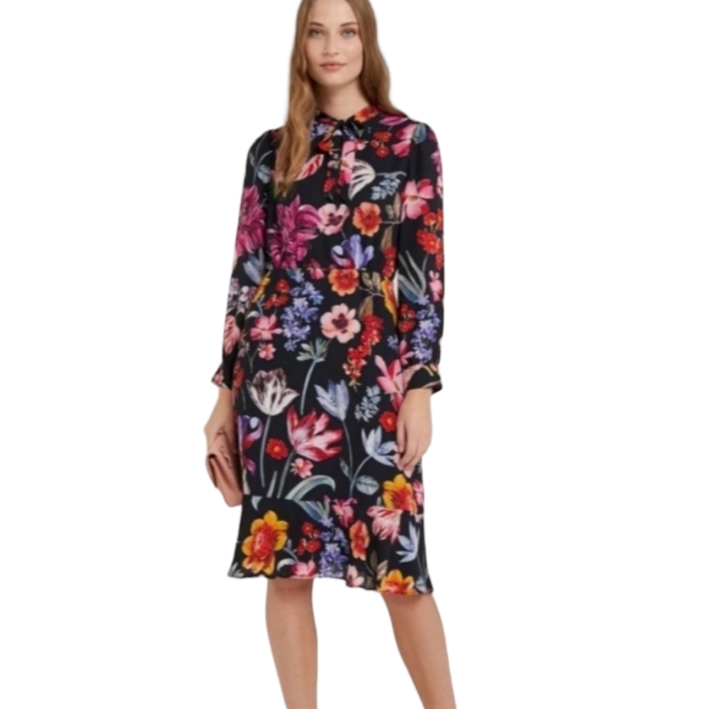 J. Crew Midnight Dutch Floral Flowers Tie Neck Midi Dress Size 8